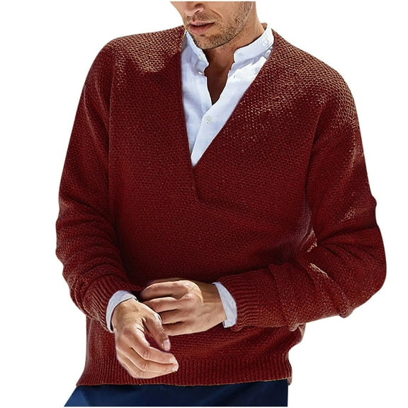 TFEOQRY Pullover Sweater for Men Fashion Solid Color Comfortable Knitwear Long Sleeved V-Neck Sweater Top Coffee