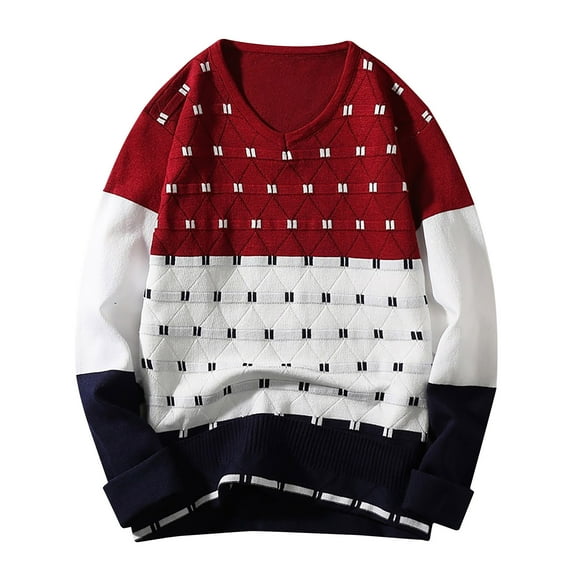 TFEOQRY Pullover Sweater for Men Loose Color Blocked Jacquard Knitwear Long Sleeved Round Neck Sweater Top Burgundy