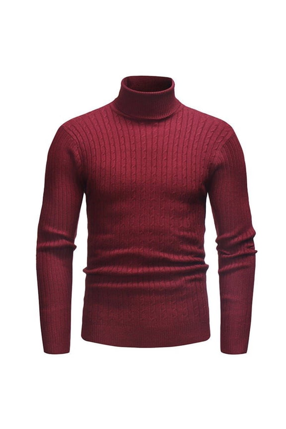 Pullover Sweater for Men Solid Color Comfortable Knitwear Long Sleeved Turtleneck Sweater Top Red