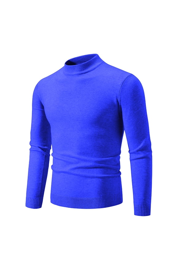 Men's Mock Neck Sweater Solid Color Ribbing Edge Knit Long Sleeve Casual Pullover Fall Winter Top Blue