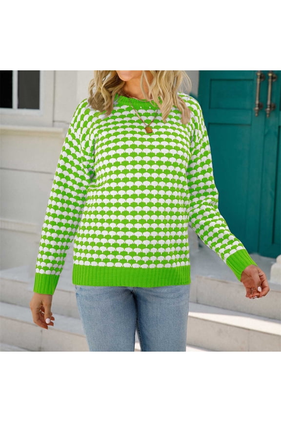 Pullover Sweater for Women Black and White Checkered Printed Knitwear Long Sleeved Round Neck Sweater Top Green