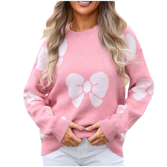 TFEOQRY Pullover Sweater for Women Butterfly Printed Comfortable Knit Wear Long Sleeved Round Neck Sweater Top Pink