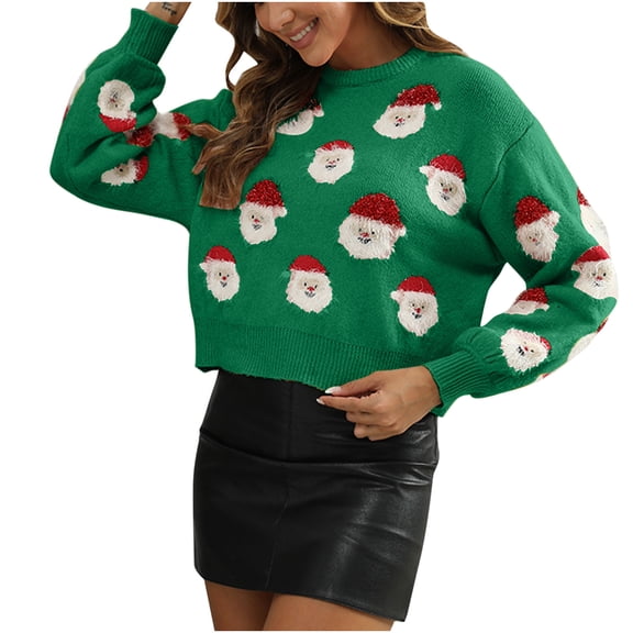 TFEOQRY Pullover Sweater for Women Casual Christmas Patterned Knitwear Long Sleeved Round Neck Sweater Top Green