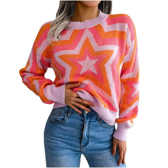 TFEOQRY Pullover Sweater for Women Casual Solid Color Knit Wear Long Sleeved Round Neck Sweater Top Orange