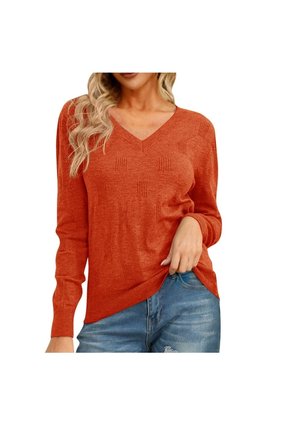 Pullover Sweater for Women Casual Solid Color Knitwear Long Sleeved V-Neck Sweater Top Orange