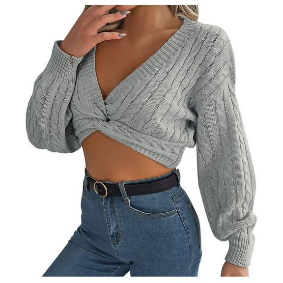 TFEOQRY Pullover Sweater for Women Casual Solid Color Sexy Knitwear Long Sleeved V-Neck Sweater Top Gray