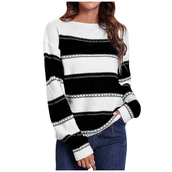 TFEOQRY Pullover Sweater for Women Casual Striped Knitwear Long Sleeved Round Neck Sweater Top Black