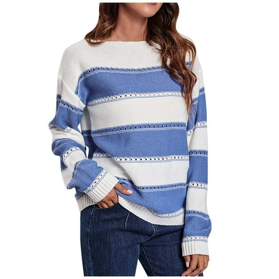 TFEOQRY Pullover Sweater for Women Casual Striped Knitwear Long Sleeved Round Neck Sweater Top Blue