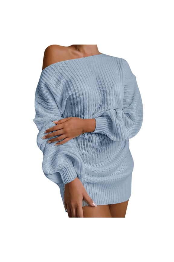 Pullover Sweater for Women Casual off Shoulder Solid Color Knitwear Long Sleeved Round Neck Sweater Top Sky Blue