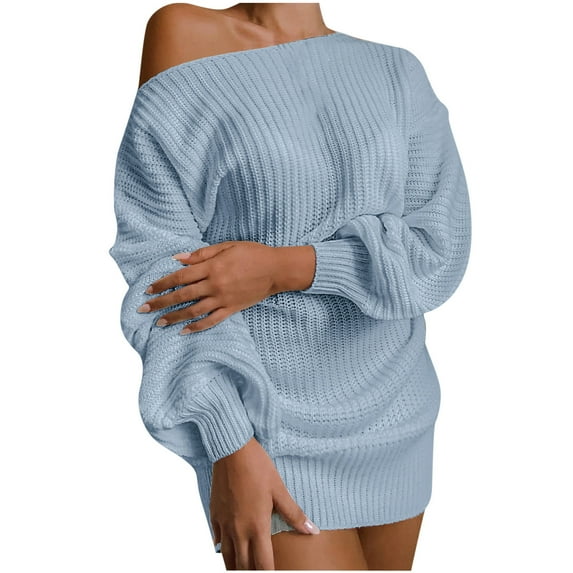 TFEOQRY Pullover Sweater for Women Casual off Shoulder Solid Color Knitwear Long Sleeved Round Neck Sweater Top Sky Blue