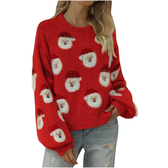 TFEOQRY Pullover Sweater for Women Christmas Patterned Knitwear Long Sleeved Round Neck Sweater Top Red
