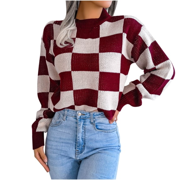 TFEOQRY Pullover Sweater for Women Contrasting Knit Wear Long Sleeved Round Neck Sweater Top Burgundy