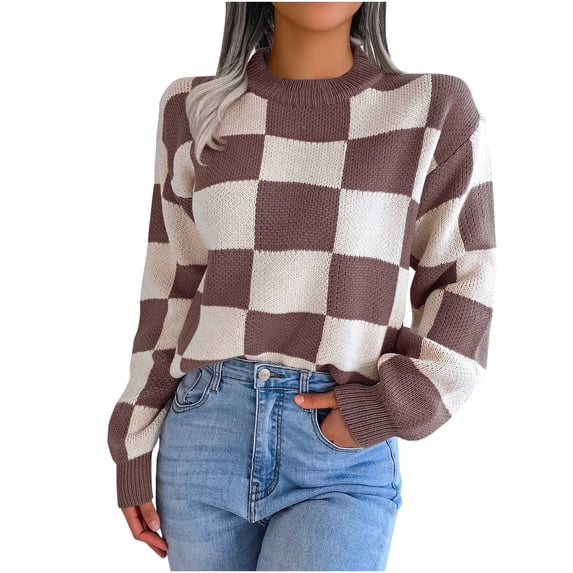 TFEOQRY Pullover Sweater for Women Contrasting Knit Wear Long Sleeved Round Neck Sweater Top Coffee