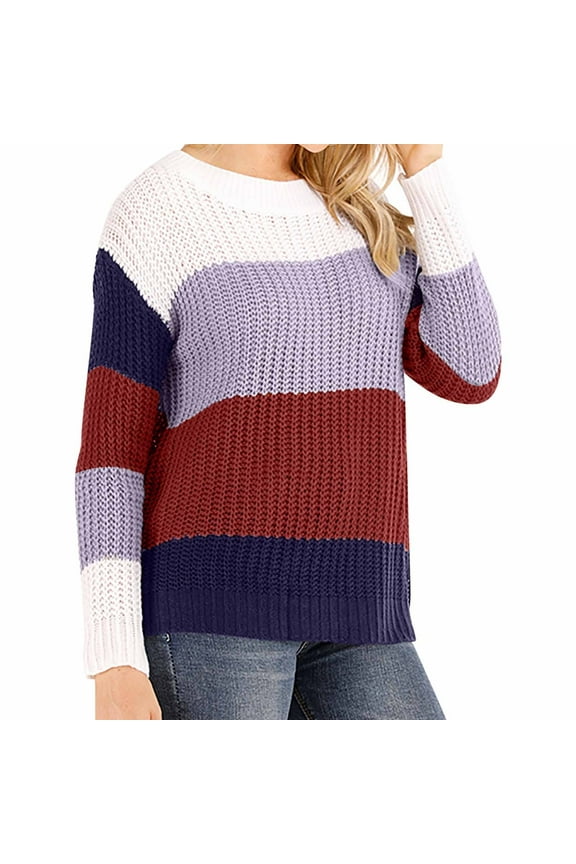 Pullover Sweater for Women Fashion Color Blocked Knitwear Long Sleeved Round Neck Sweater Top Burgundy