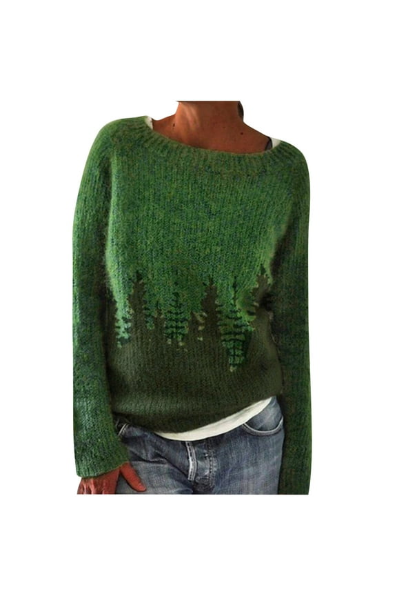 Pullover Sweater for Women Fashion Loose Color Blocked Knitwear Long Sleeved Round Neck Sweater Top Green