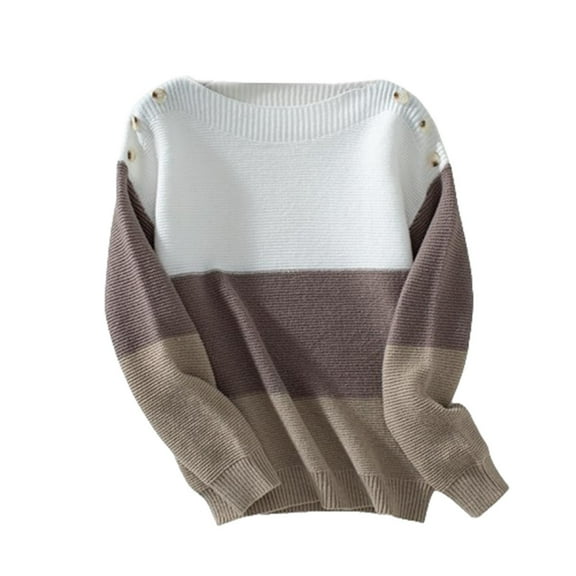 TFEOQRY Pullover Sweater for Women Fashion Loose Striped Knitwear Long Sleeved Round Neck Sweater Top Brown