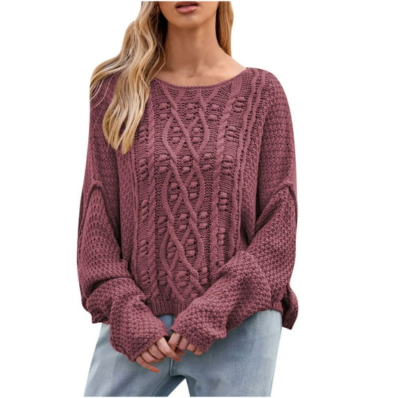 TFEOQRY Pullover Sweater for Women Fashion Loose Striped Knitwear Long Sleeved Round Neck Sweater Top Red