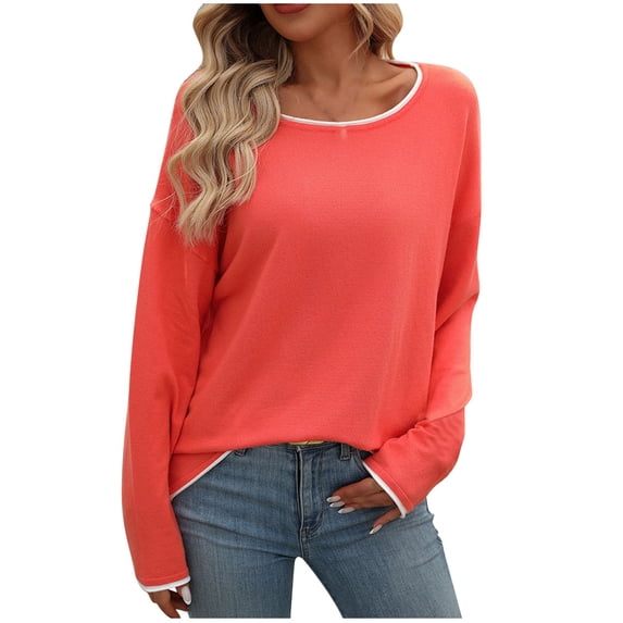 TFEOQRY Pullover Sweater for Women Fashion Solid Color Knit Wear Long Sleeved Round Neck Sweater Top Watermelon Red