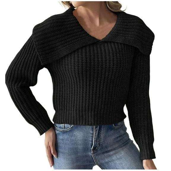 TFEOQRY Pullover Sweater for Women Fashion Solid Color Loose Comfortable Knitwear Long Sleeved Round Neck Sweater Top Black