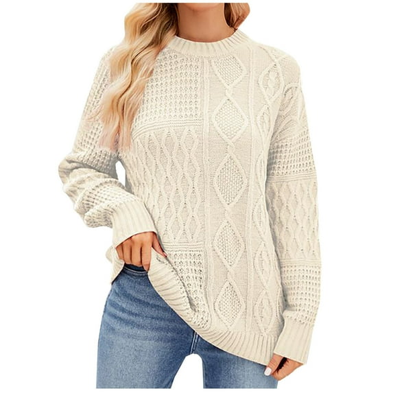 TFEOQRY Pullover Sweater for Women Fashion Solid Color Loose Comfortable Knitwear Long Sleeved Round Neck Sweater Top White
