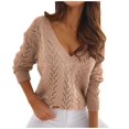 thumbnail image 1 of TFEOQRY Pullover Sweater for Women Fashion Solid Color Loose Comfortable Knitwear Long Sleeved V-Neck Sweater Top Brown, 1 of 1