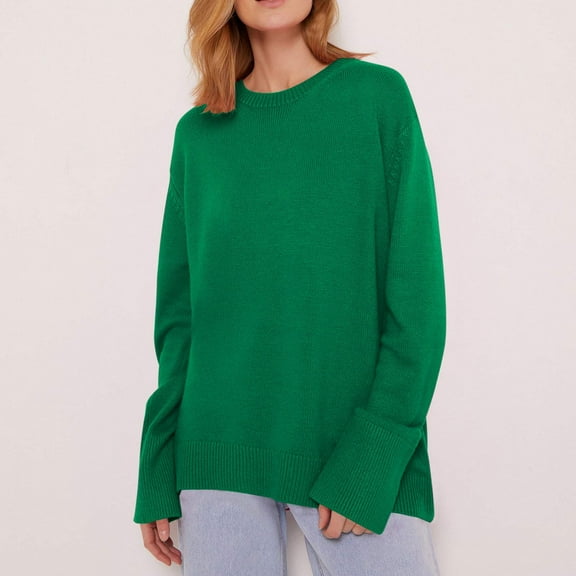 TFEOQRY Pullover Sweater for Women Fashion Solid Color Loose Knitwear Long Sleeved Round Neck Sweater Top Green