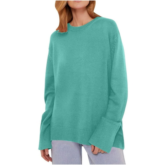 TFEOQRY Pullover Sweater for Women Fashion Solid Color Loose Knitwear Long Sleeved Round Neck Sweater Top Mint Green