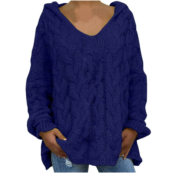 TFEOQRY Pullover Sweater for Women Fashion Solid Color Loose Knitwear Long Sleeved V-Neck Sweater Top Dark Blue