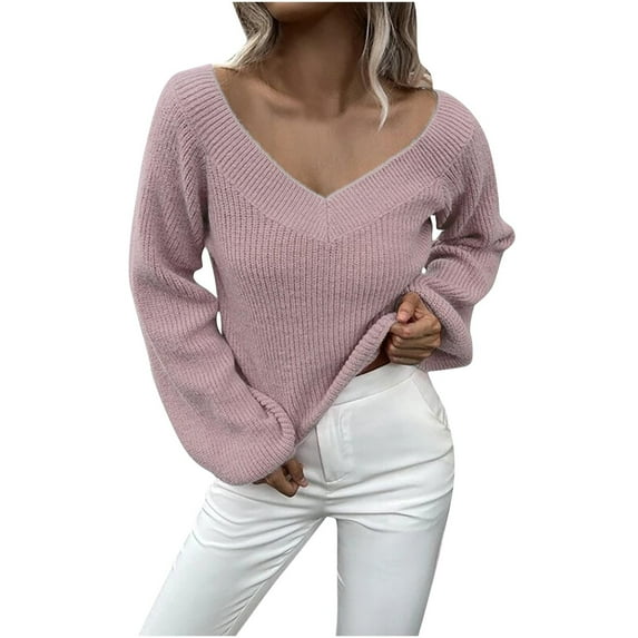 TFEOQRY Pullover Sweater for Women Fashion Solid Color Loose Knitwear Long Sleeved V-Neck Sweater Top Pink