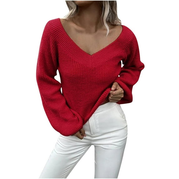 TFEOQRY Pullover Sweater for Women Fashion Solid Color Loose Knitwear Long Sleeved V-Neck Sweater Top Red