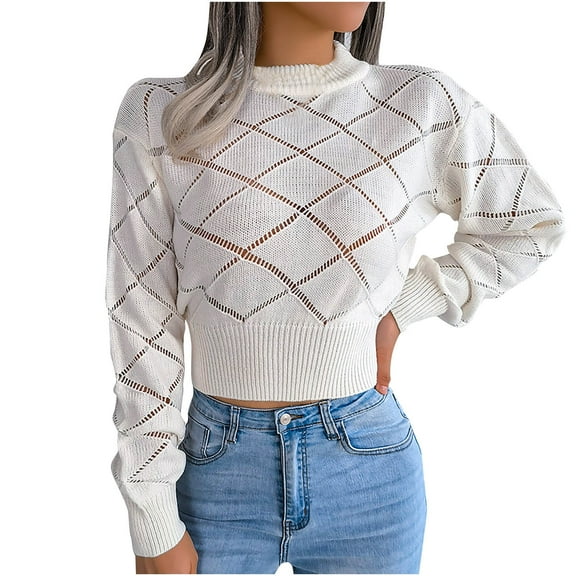 TFEOQRY Pullover Sweater for Women Hollow Casual Solid Color Knit Wear Long Sleeved Round Neck Sweater Top White
