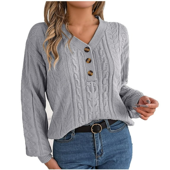 TFEOQRY Pullover Sweater for Women Hollow Solid Color Casual Button Knitwear Long Sleeved V-Neck Sweater Top Gray