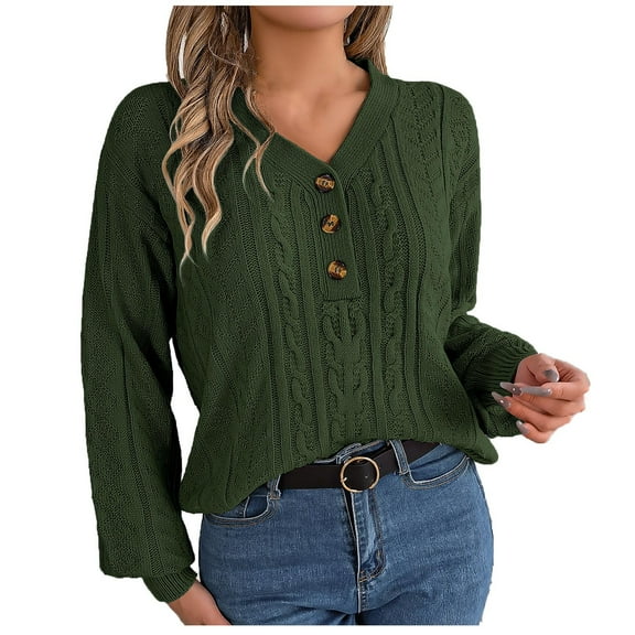 TFEOQRY Pullover Sweater for Women Hollow Solid Color Casual Button Knitwear Long Sleeved V-Neck Sweater Top Olive Green