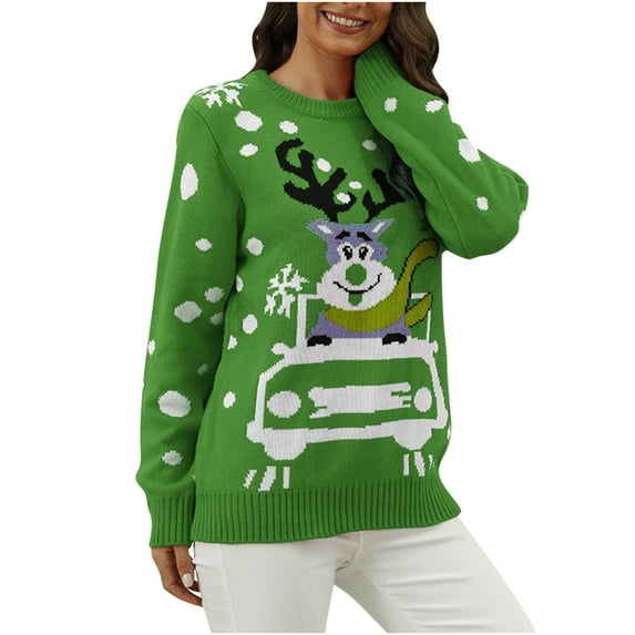 TFEOQRY Pullover Sweater for Women Loose Christmas Patterned Knitwear Long Sleeved Round Neck Sweater Top Green