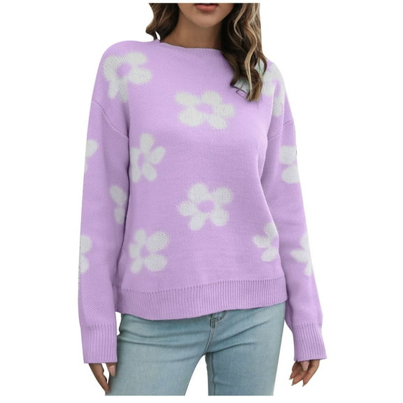TFEOQRY Pullover Sweater for Women Loose Solid Color Jacquard Knitwear Long Sleeved Round Neck Sweater Top Purple