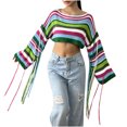 thumbnail image 1 of TFEOQRY Pullover Sweater for Women Loose Striped Sexy Knitwear Long Sleeved Round Neck Sweater Top Blue, 1 of 5