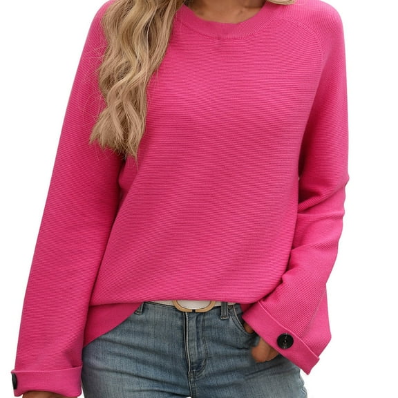 TFEOQRY Pullover Sweater for Women Solid Color Button Loose Knit Wear Long Sleeved Round Neck Sweater Top Hot Pink