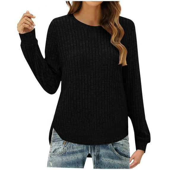 TFEOQRY Pullover Sweater for Women Solid Color Comfortable Knit Wear Long Sleeved Round Neck Sweater Top Black