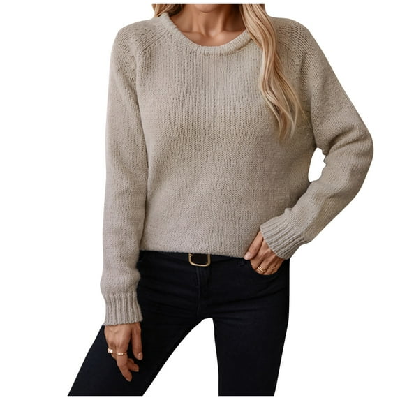 TFEOQRY Pullover Sweater for Women Solid Color Comfortable Knit Wear Long Sleeved Round Neck Sweater Top Khaki