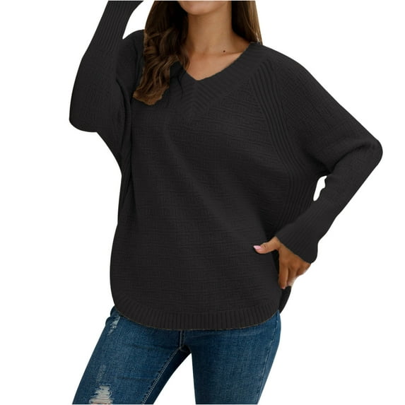 TFEOQRY Pullover Sweater for Women Solid Color Comfortable Knitwear Long Sleeved V-Neck Sweater Top Black