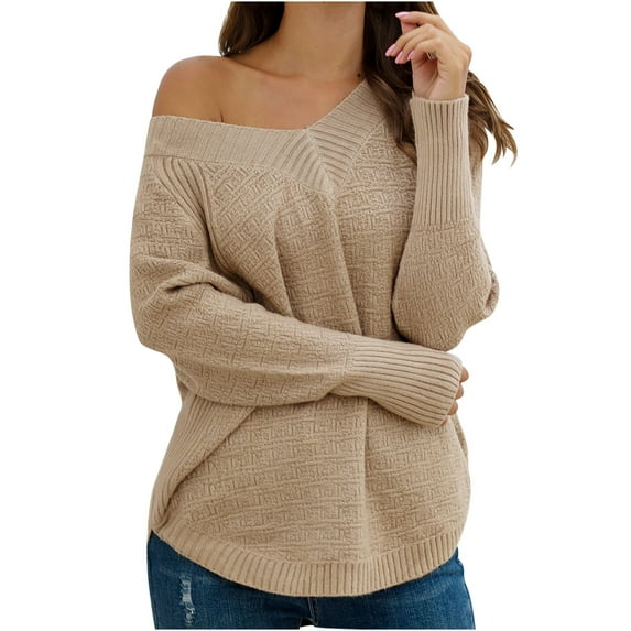 TFEOQRY Pullover Sweater for Women Solid Color Comfortable Knitwear Long Sleeved V-Neck Sweater Top Khaki