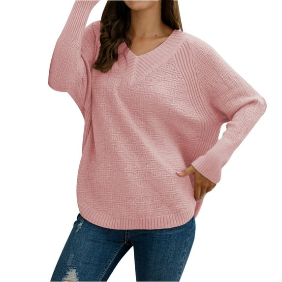 TFEOQRY Pullover Sweater for Women Solid Color Comfortable Knitwear Long Sleeved V-Neck Sweater Top Pink