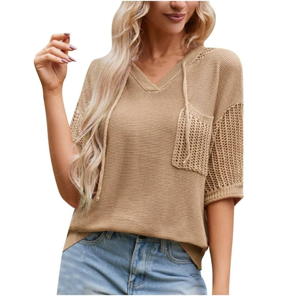 TFEOQRY Pullover Sweater for Women Solid Color Knitwear with Pockets Long Sleeved V-Neck Sweater Top Khaki