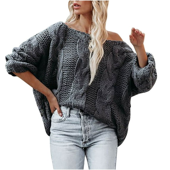 TFEOQRY Pullover Sweater for Women Solid Color Loose Comfortable Knitwear Long Sleeved Round Neck Sweater Top Gray