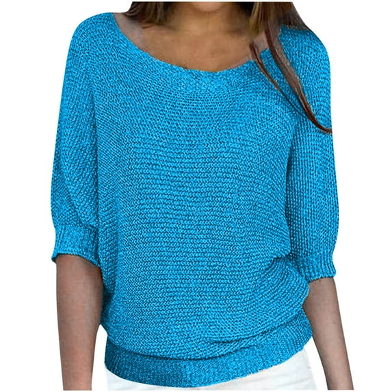 TFEOQRY Pullover Sweater for Women Solid Color Loose Comfortable Knitwear Long Sleeved Round Neck Sweater Top Light Blue