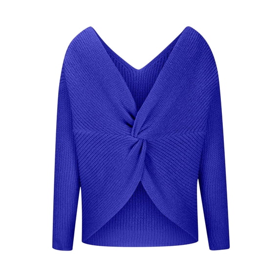 TFEOQRY Pullover Sweater for Women Solid Color Loose Comfortable Knitwear Long Sleeved V-Neck Sweater Top Blue