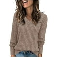 thumbnail image 1 of TFEOQRY Pullover Sweater for Women Solid Color Loose Knitwear Long Sleeved V-Neck Sweater Top Khaki, 1 of 8