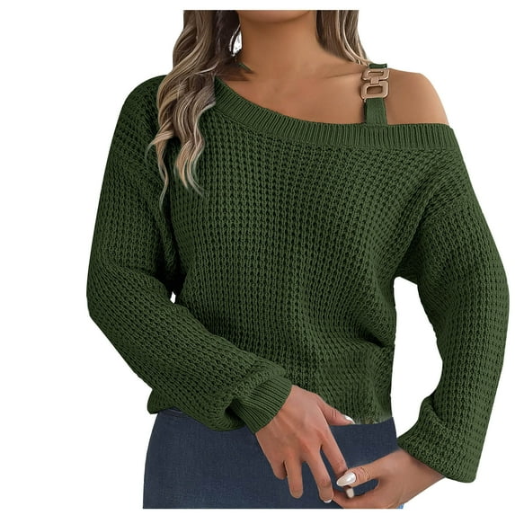 TFEOQRY Pullover Sweater for Women Solid Color off Shoulder Knitwear Long Sleeved Round Neck Sweater Top Olive Green