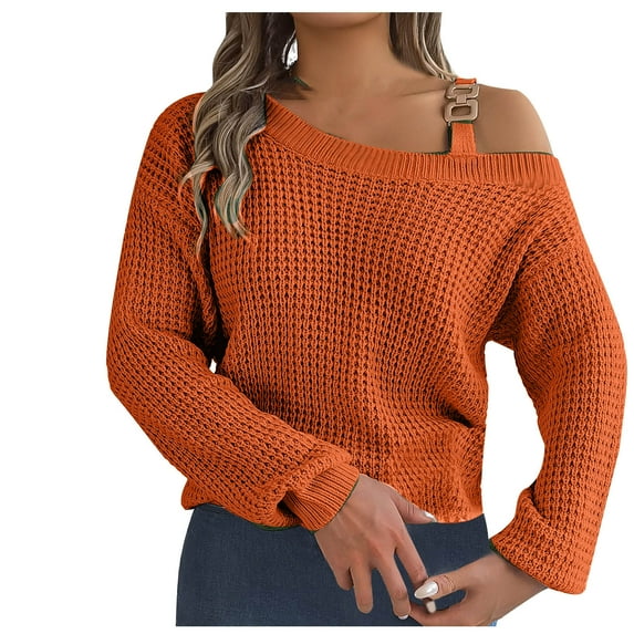 TFEOQRY Pullover Sweater for Women Solid Color off Shoulder Knitwear Long Sleeved Round Neck Sweater Top Orange