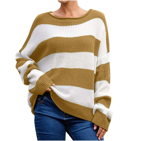 TFEOQRY Pullover Sweater for Women Striped Color Block Knitwear Long Sleeved Round Neck Sweater Top Khaki